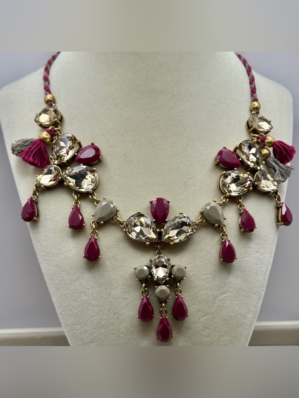 J. Crew Plum and Champagne Crystal Statement Necklace with Tassels